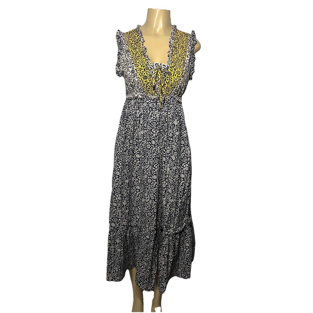 Current Air Anthropologie Maxi Dress Small Floral Tiered Blue White‎ Yellow Boho